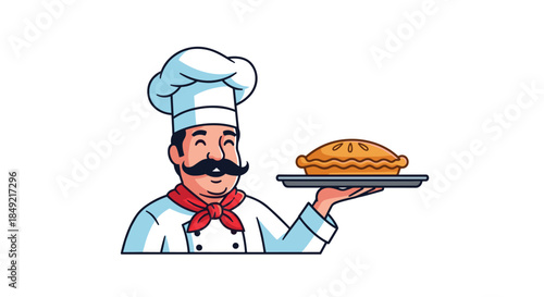 Smiling chef with a mustache and a white hat presents a freshly baked pie on a tray with a red neckerchief detail.