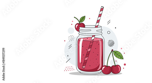 Refreshing red cherry smoothie or juice in a glass mason jar with a striped straw and fresh cherries on the side.