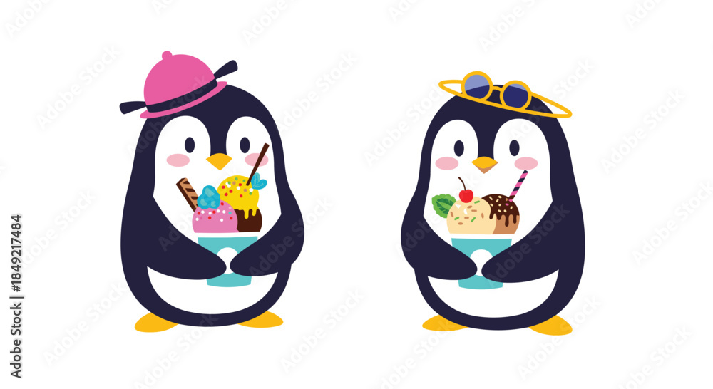 Obraz premium Two cute penguins holding cups of delicious ice cream with toppings are ready to enjoy a sweet treat together.