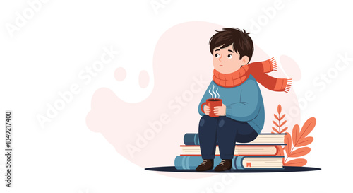 Young boy wearing a warm red scarf sits thoughtfully on a stack of books while holding a hot mug on a soft background.