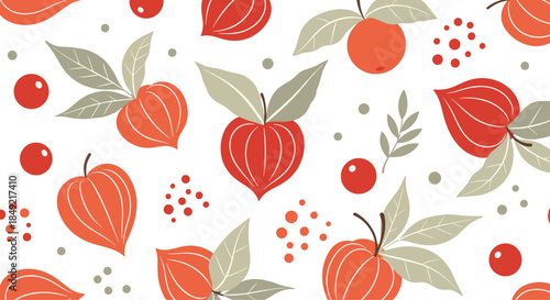 Beautiful seamless pattern features repeating illustrations of red berries and green leaves on a clean white background.
