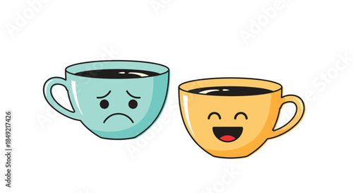 Two coffee mugs with faces depict different moods where one is sad and blue while the other is happy and yellow.