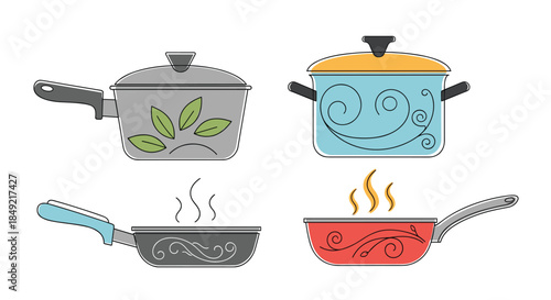 Set of colorful kitchenware including pots and pans with decorative patterns is shown with steam rising from the bottom.