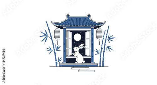 Traditional Chinese pagoda scene features a white rabbit under a full moon surrounded by blue bamboo plants and lanterns.