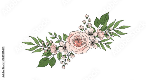 Elegant horizontal floral arrangement consists of a large pink rose surrounded by small blossoms and green leaves.
