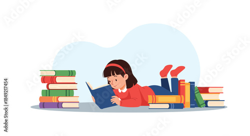 Diligent young girl lies comfortably on the floor reading a book while surrounded by many stacks of colorful textbooks.