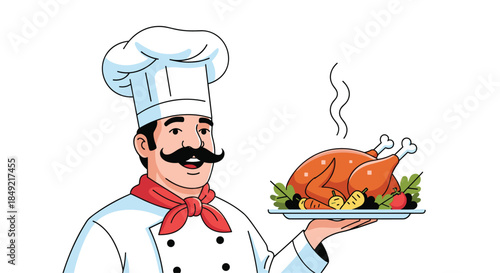 Happy chef with a mustache proudly presents a large cooked turkey on a platter decorated with garnish and vegetables.