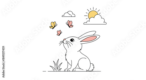 White bunny sits in a field and looks up at colorful butterflies fluttering under a bright yellow sun and clouds.
