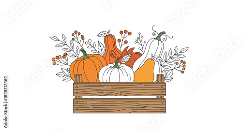 Rustic wooden crate is filled with a variety of pumpkins, gourds, and fall leaves representing an autumn harvest.