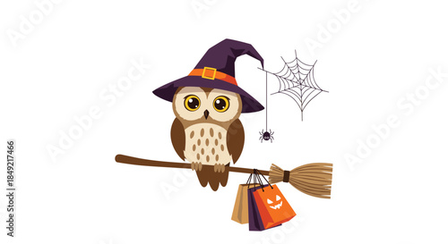 Festive Halloween owl in a witch hat rides a broomstick with Jack-o-lantern shopping bags near a hanging spider web.