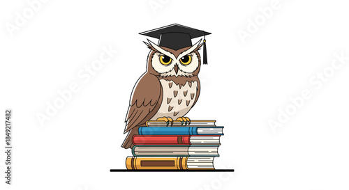 Wise brown owl wearing a black graduation cap with a golden tassel perched on a colorful stack of hardcover academic school textbooks.