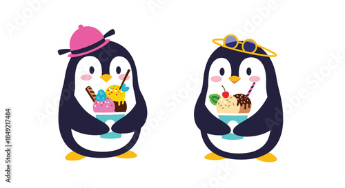 Two cute penguins holding cups of delicious ice cream with toppings are ready to enjoy a sweet treat together.