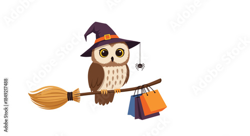 Wise owl wearing a purple witch hat flies on a broomstick while carrying several colorful shopping bags for Halloween.