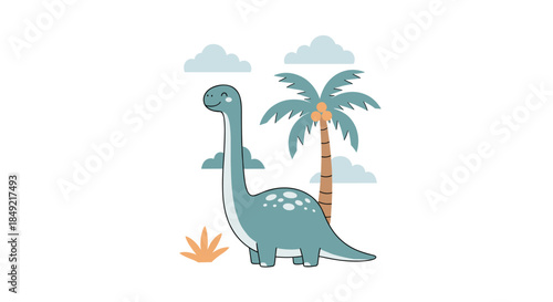 Adorable blue brontosaurus dinosaur standing in a prehistoric landscape with a palm tree and fluffy white clouds in the blue sky above.
