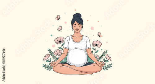Pregnant woman meditating in a peaceful lotus pose surrounded by blooming flowers and flying butterflies in a quiet summer garden.