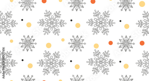 Winter themed seamless pattern background featuring intricate hand drawn snowflakes and warm orange and yellow dots on a white backdrop.