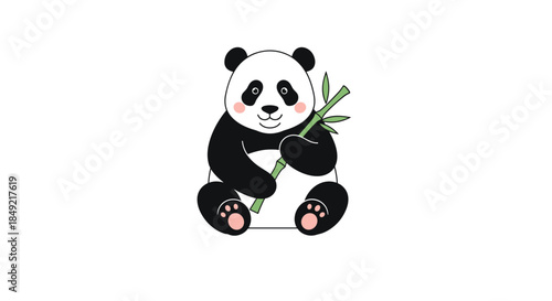 Adorable giant panda character sitting down and happily holding a fresh green bamboo stalk with small leaves for a healthy snack.