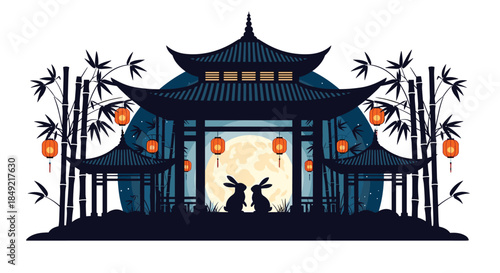 Traditional japanese night landscape with silhouettes of two bunnies under a full moon between pagodas and bamboo on a dark background.