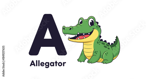 Educational alphabet poster for kids featuring the large letter a and a friendly smiling green alligator character for learning fun.