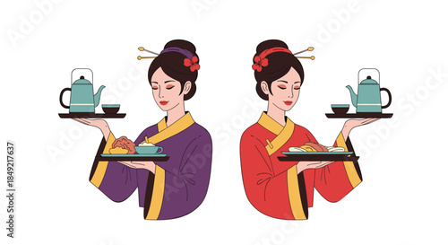 Pair of elegant women wearing traditional Asian attire and carrying trays with hot tea and snacks for a ceremony in a simple illustration.