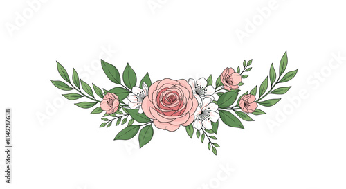 Beautiful horizontal floral arrangement featuring a large pink rose surrounded by small white and pink blossoms with green leaves.