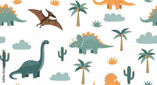 Vibrant seamless pattern featuring various types of colorful dinosaurs, tropical palm trees, and desert cacti on a clean white background.