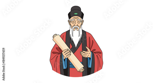 Wise elderly man dressed in traditional Chinese scholarly robes holding an ancient paper scroll against a clean white background.
