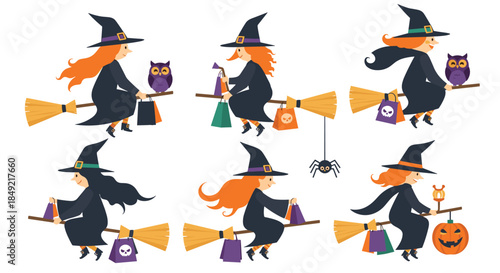 Collection of whimsical witches flying on broomsticks with their black cats, owls, and Halloween pumpkins during a spooky night.