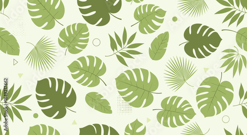 Lush seamless pattern showcasing a variety of green tropical leaves like monstera and palm fronds on a light-colored background.