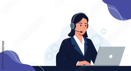 Professional female customer service representative wearing a headset and working on a laptop computer in a clean office setting.