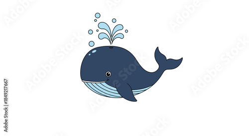 Cheerful cartoon blue whale swimming in the ocean while spouting water from its blowhole in a friendly and playful character illustration.