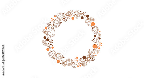 Beautiful autumn wreath composed of dried leaves, berries, and seed pods in warm shades of orange and brown on a white background.