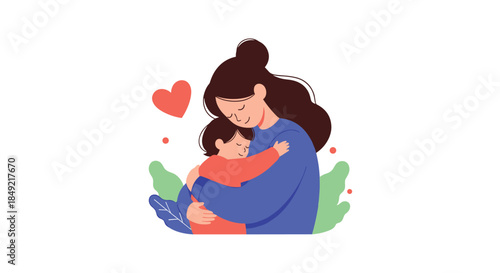 Heartwarming illustration of a mother tenderly hugging her young child to show love and affection on a clean white background.