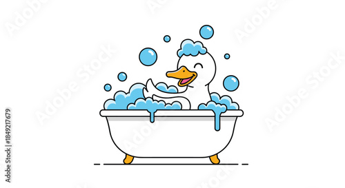 Cute cartoon duck enjoying a relaxing bubble bath in a white clawfoot tub surrounded by floating blue soap bubbles in a fun scene.