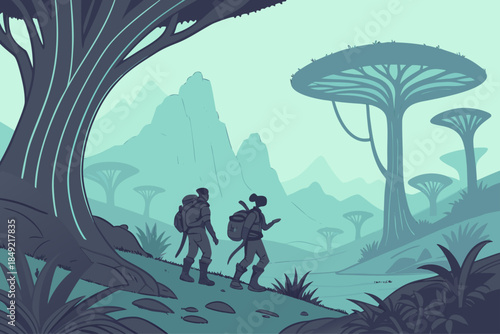 Adventurers Trekking Through a Mysterious Alien Forest Landscape