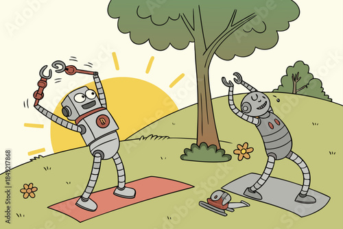 Cheerful Robots Practicing Yoga and Stretching Outdoors