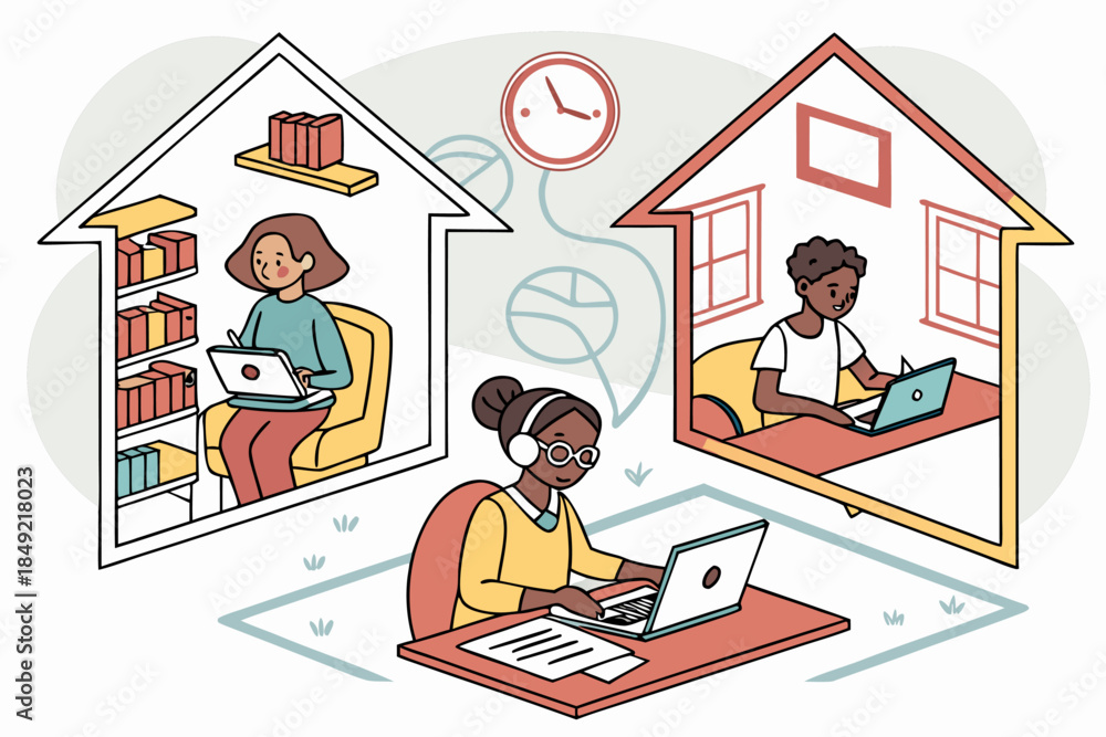 Fototapeta premium People Working Remotely from Different Homes Connected Online