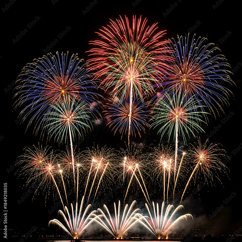 Obraz premium Symmetrical festive fireworks with bright light trails
