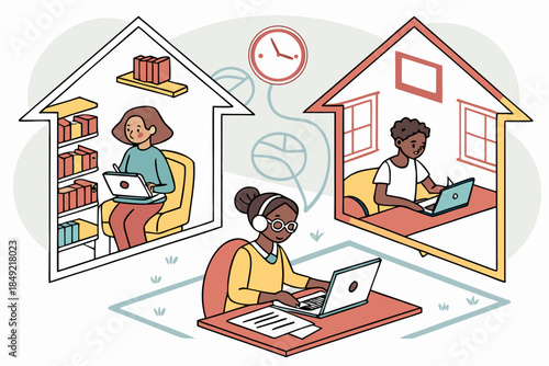 People Working Remotely from Different Homes Connected Online