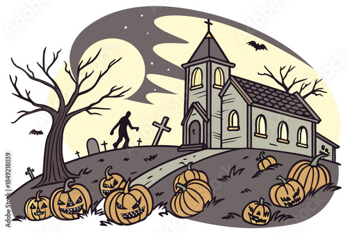 Spooky Halloween Night Scene with Haunted Church and Jack-o'-Lanterns