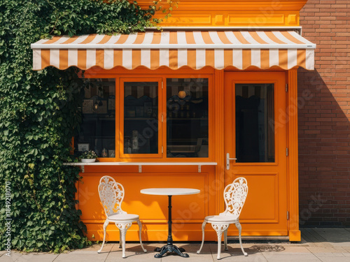 Fototapeta Naklejka Na Ścianę i Meble -  Bright cafe entrance with outdoor seating