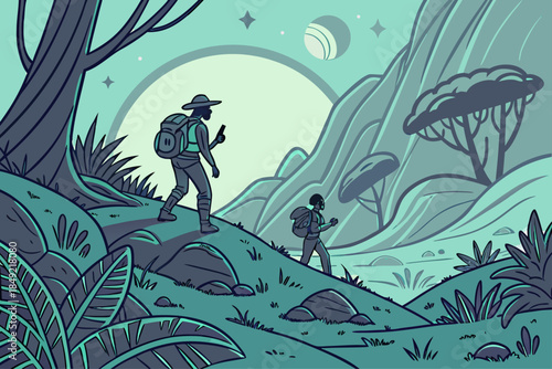 Two Hikers Exploring a Mystical Mountain Landscape at Night