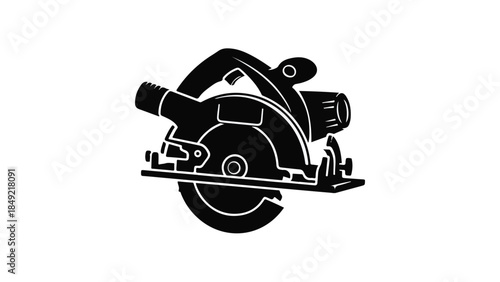 Black silhouette of a circular saw on white background, power tool icon, construction equipment, carpentry, DIY, woodworking