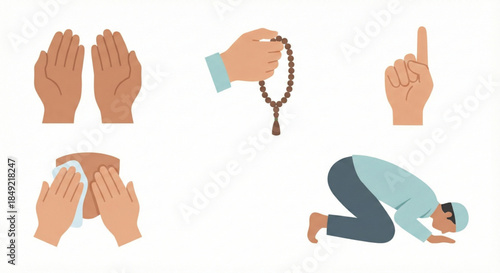 Comprehensive illustration of fundamental Islamic prayer rituals and devotion, featuring hands in dua, prayer beads, wudu, and a man performing sujood, representing Muslim faith and spirituality