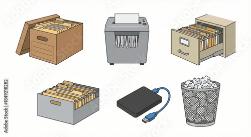 Office organization and document management with filing cabinets, paper shredder, external hard drive, and trash can