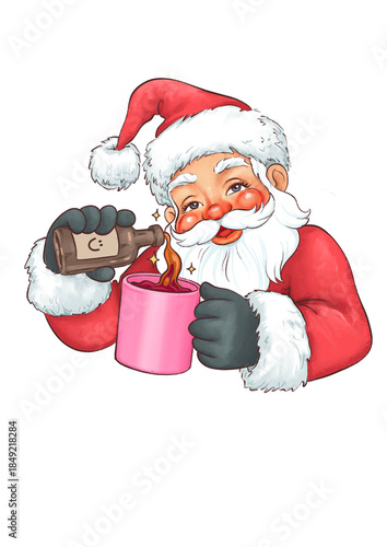 Cute Santa Claus pouring a festive drink, isolated Christmas illustration on transparent background, PNG