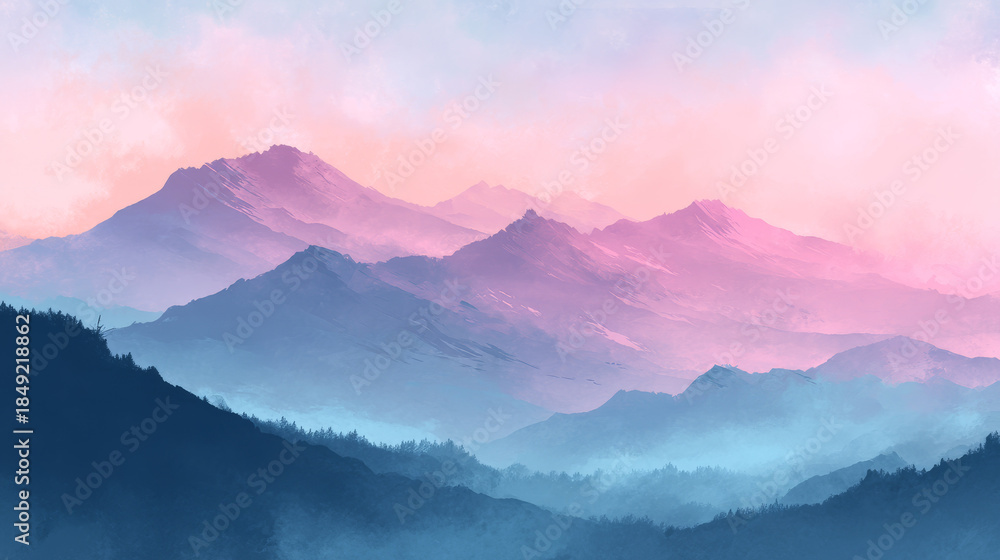 Obraz premium A serene landscape of mountains, enveloped in soft pastel colors, showcasing the beauty of nature at dawn.