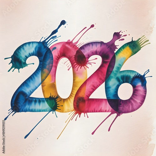 a vibrant watercolor painting featuring 2026 new year