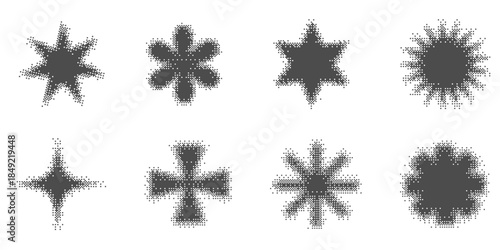 Pixel stars with halftone effect. Bitmap aesthetic shapes for trendy 2000s design. Digital abstract figures. Vector geometric sparkles and twinkles on white background