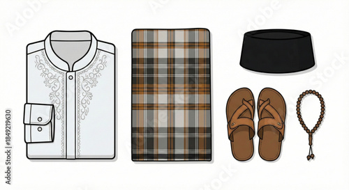 Traditional Muslim Male Clothing and Prayer Accessories Collection - Essential Garments and Devotional Items Illustration
